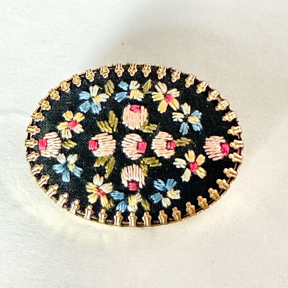 Mid Century Petit Point Flowers West Germany Brooch pin 1.5" Vintage MCM‎